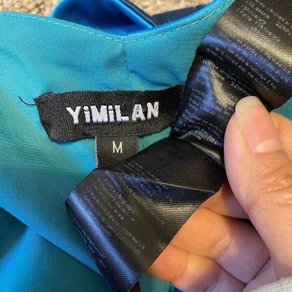 Yimilan Sz M Gorgeous Vintage Satin Turquoise Cocktail Bow Pencil Dress Romantic - Picture 4 of 10